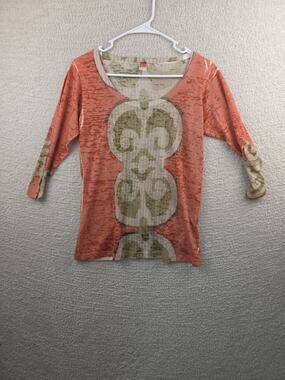Before+Again Women's Coral And Tan Graphic Print 3/4 Sleeve Top Size Small